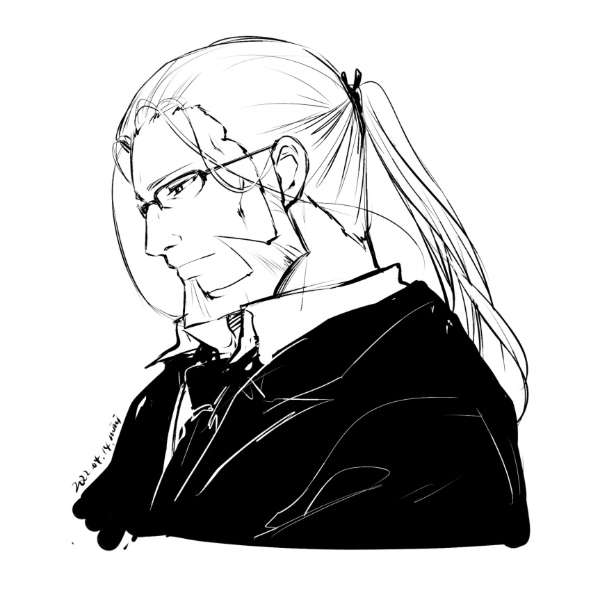 1boy 2022 bear closed_mouth cropped_torso dated fullmetal_alchemist glasses greyscale hair_ribbon half-closed_eyes highres long_hair looking_down male_focus mini_(pixiv6327751) monochrome necktie ponytail ribbon simple_background sketch solo upper_body van_hohenheim white_background wing_collar