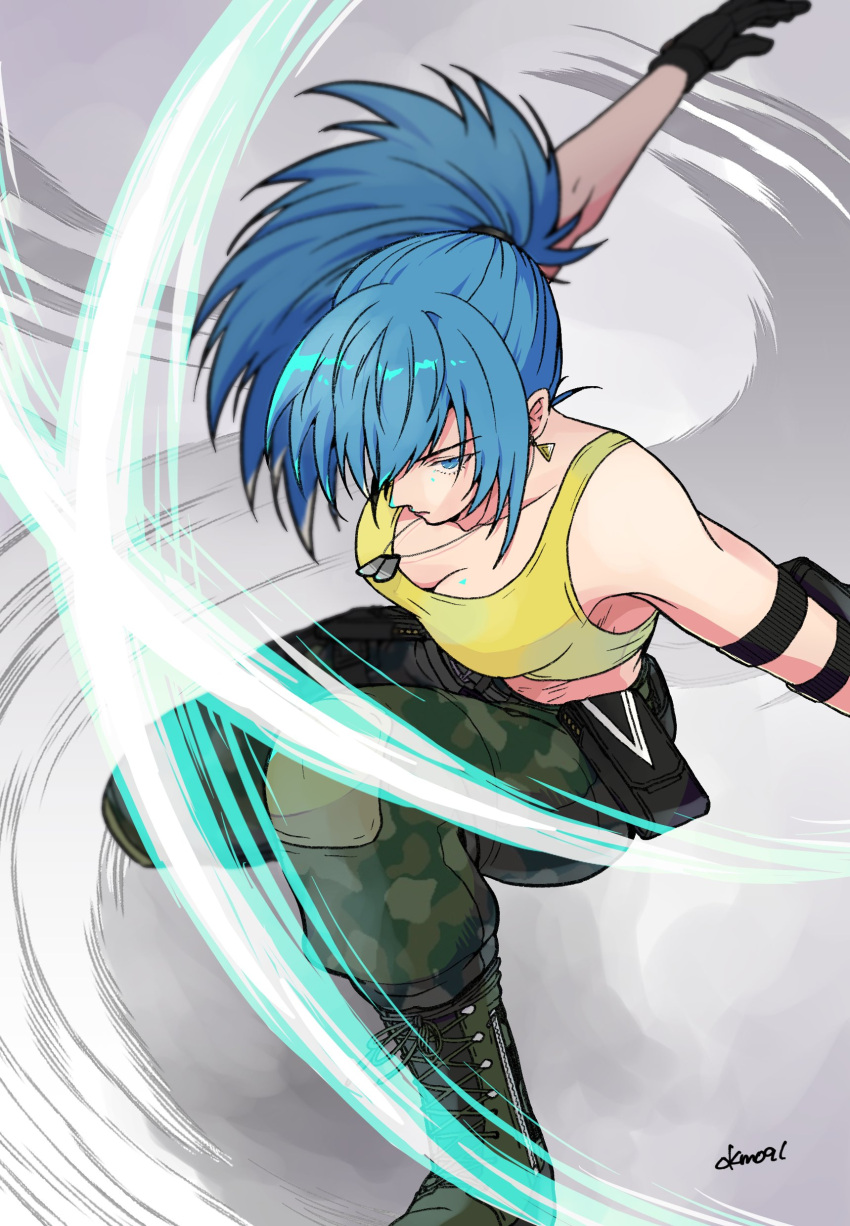 1girl absurdres armlet bangs bare_shoulders belt blue_eyes blue_hair breasts camouflage camouflage_pants clenched_hand closed_mouth crop_top dog_tags gloves highres leona_heidern navel okm091 pants ponytail simple_background sleeveless tank_top the_king_of_fighters the_king_of_fighters_xiv the_king_of_fighters_xv toned white_background yellow_tank_top