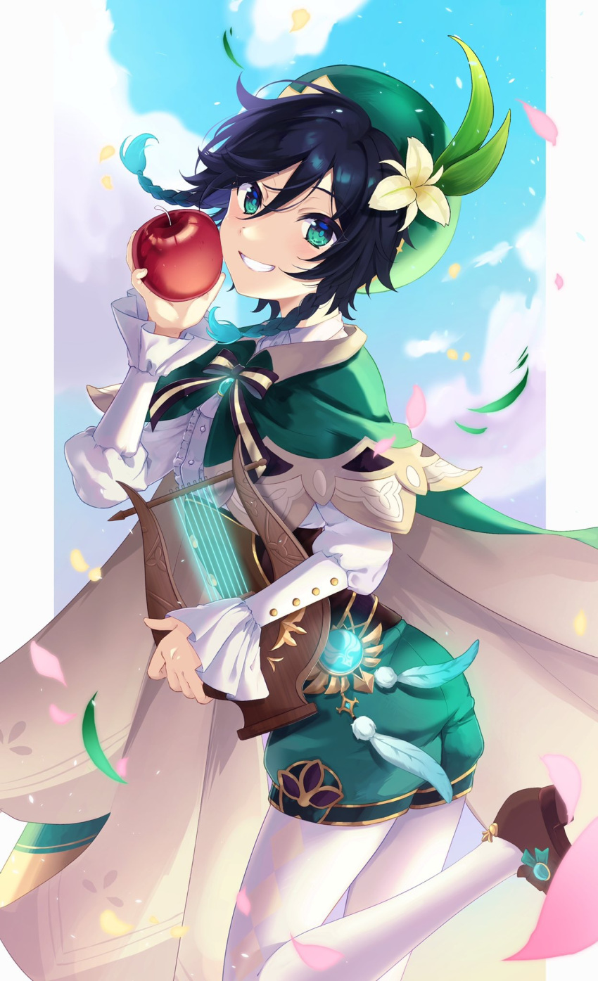 1boy androgynous apple bangs beret black_hair blue_hair bow braid brooch cape clouds cloudy_sky collared_cape collared_shirt commentary_request corset day diamond_(shape) feathers flower food frilled_sleeves frills fruit gem genshin_impact gradient_hair green_cape green_eyes green_headwear green_shorts grin hair_flower hair_ornament hat highres holding holding_food holding_fruit holding_instrument ikake_(ikaika8) instrument jewelry leaf long_sleeves looking_at_viewer lyre male_focus multicolored_hair outdoors pantyhose shirt shoes short_hair_with_long_locks shorts side_braids sidelocks sky smile solo twin_braids venti_(genshin_impact) vision_(genshin_impact) white_flower white_legwear white_shirt