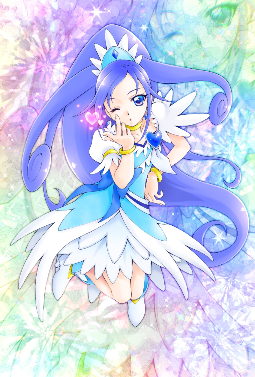 1girl ;o aizen_(syoshiyuki) blue_dress blue_eyes blue_hair blue_ribbon boots bracelet brooch choker collarbone crystal_earrings cure_diamond dokidoki!_precure dress earrings forehead heart_brooch highres hishikawa_rikka jewelry kiss knee_boots looking_at_viewer multicolored_background one_eye_closed precure rainbow_background ribbon sash solo two-tone_dress white_dress white_footwear zoom_layer