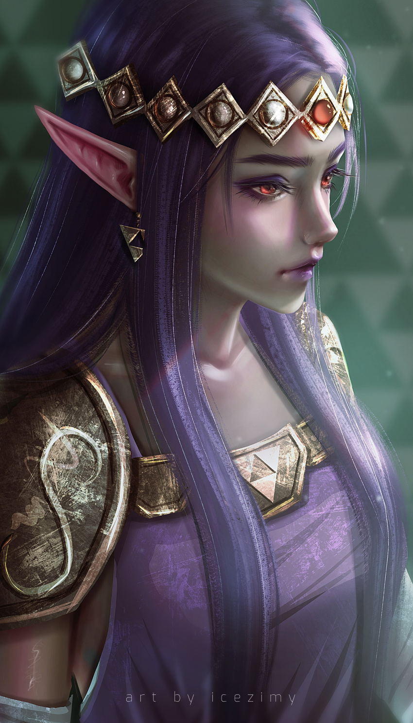 1girl absurdres dress eyelashes eyeliner forehead_jewel highres icezimy long_hair looking_ahead makeup nintendo pointy_ears princess_hilda purple_lips red_eyes shoulder_pads the_legend_of_zelda the_legend_of_zelda:_a_link_between_worlds triforce upper_body