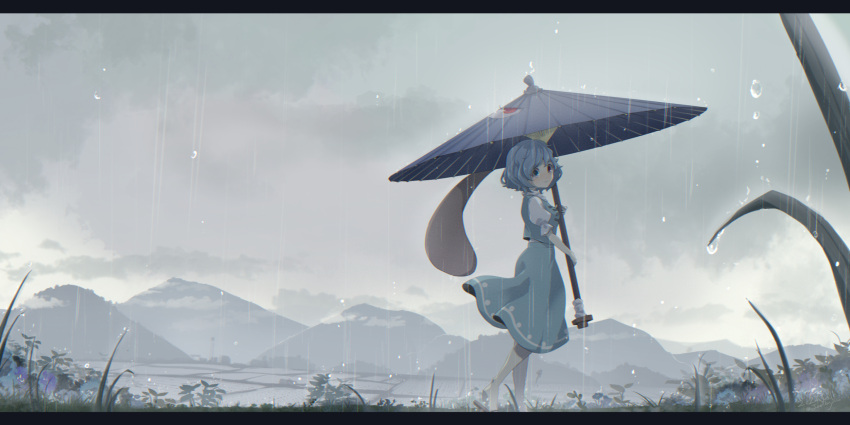 1girl aqua_skirt aqua_vest blue_eyes blue_hair closed_mouth clouds cloudy_sky commentary_request from_side heterochromia highres holding holding_umbrella juliet_sleeves karakasa_obake kogasa_day letterboxed long_sleeves looking_at_viewer mountainous_horizon noumin_joemanyodw outdoors puffy_short_sleeves puffy_sleeves rain rice_paddy shirt short_hair short_sleeves skirt skirt_set sky smile solo tatara_kogasa touhou umbrella walking white_shirt