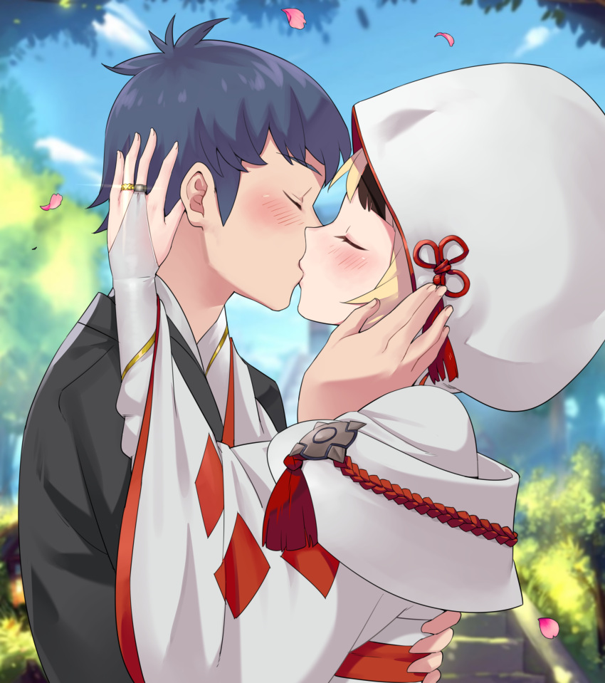 1boy 1girl absurdres black_kimono blonde_hair blue_hair blush brown_hair closed_eyes commission commissioner_upload couple face-to-face fire_emblem fire_emblem_fates from_side hetero highres igni_tion japanese_clothes jewelry kimono kiss md5_mismatch multicolored_hair outdoors petals resolution_mismatch ring sky source_smaller uchikake wedding wedding_ring