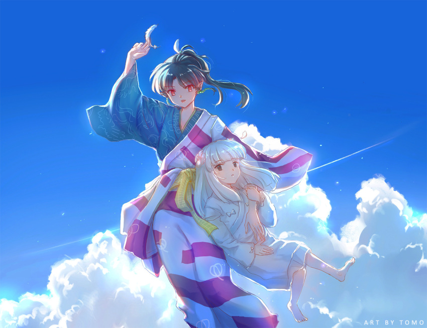 2girls bangs barefoot black_eyes black_hair blue_sky blunt_bangs clouds earrings eyebrows_visible_through_hair feathers flower hair_flower hair_ornament highres holding holding_feather inuyasha japanese_clothes jewelry kagura_(inuyasha) kanna_(inuyasha) kimono long_hair long_sleeves multicolored_clothes multicolored_kimono multiple_girls pointy_ears ponytail red_eyes sky tomo-alice white_hair white_kimono wide_sleeves