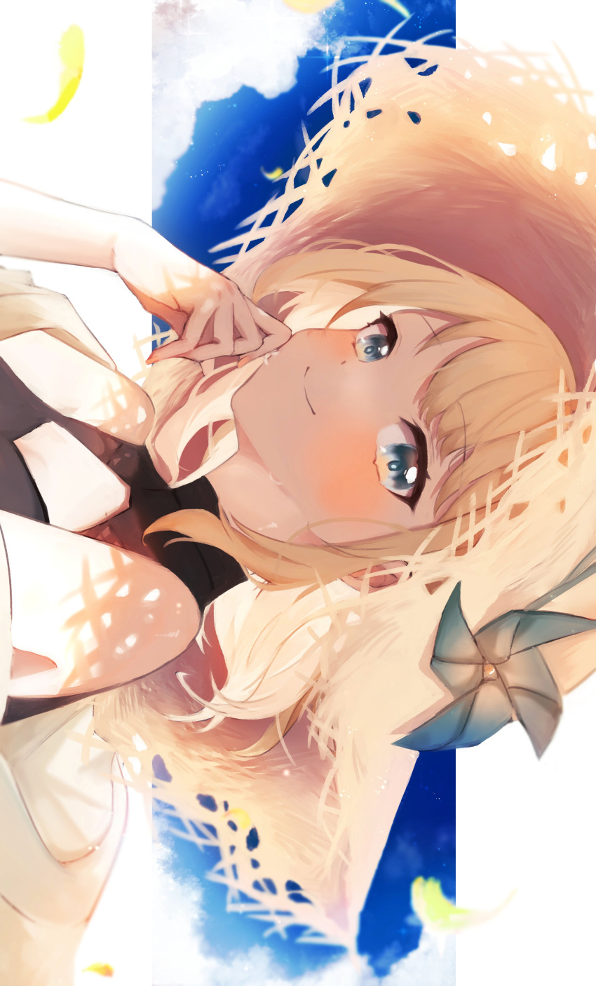1girl absurdres bangs bare_shoulders blonde_hair blue_eyes blush closed_mouth clouds hand_up hat highres hololive kazama_iroha long_hair looking_at_viewer mashiro_io sideways smile solo straw_hat virtual_youtuber yellow_headwear