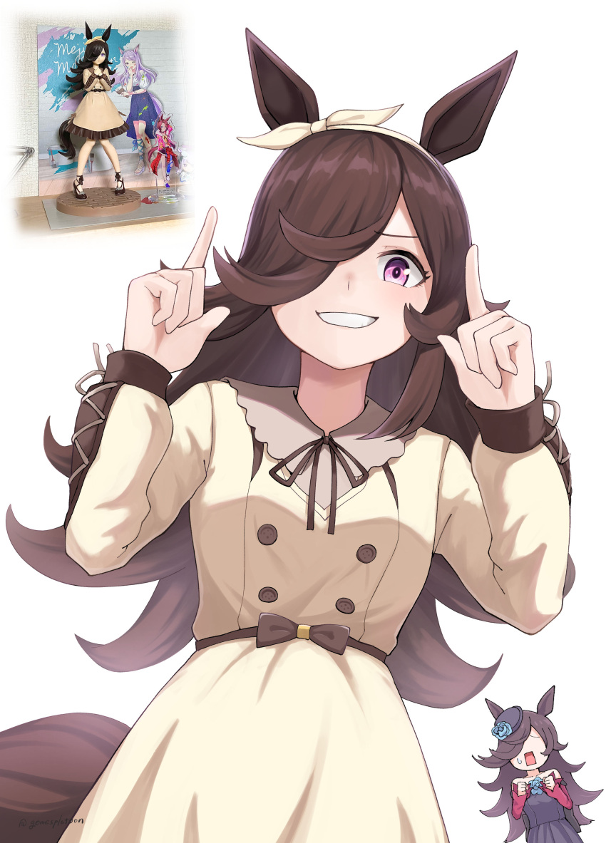 1girl absurdres animal_ears brown_dress brown_hair dress dual_persona faceless faceless_female gomesu_(gomes0343) grin hair_over_one_eye hairband hands_up hat highres horse_ears horse_girl horse_tail index_finger_raised long_hair long_sleeves looking_at_viewer neck_ribbon purple_dress reference_inset ribbon rice_shower_(umamusume) smile sweatdrop tail teeth umamusume upper_body violet_eyes
