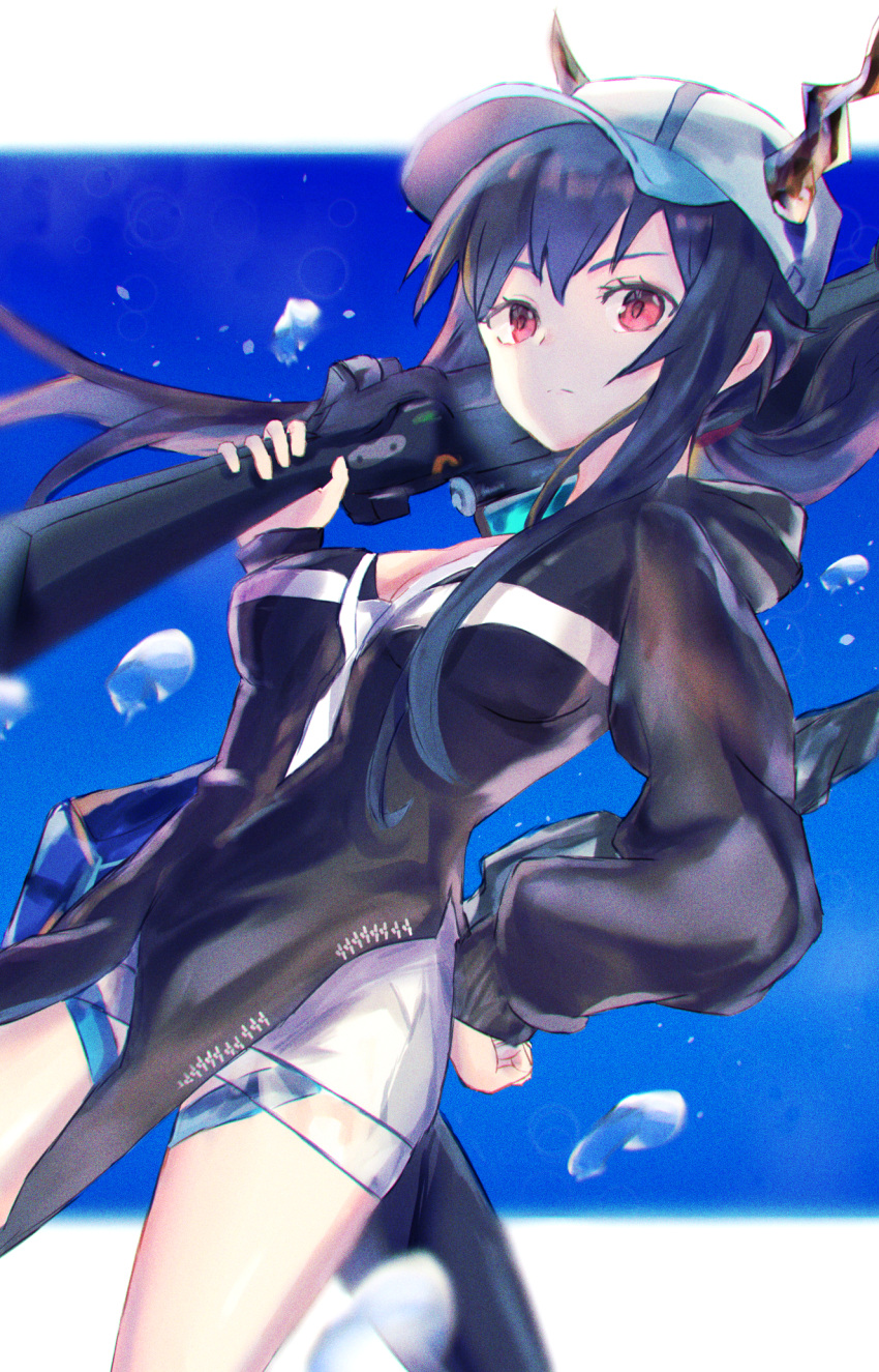 1girl arknights bangs baseball_cap black_hair black_jacket blue_sky ch'en_(arknights) ch'en_the_holungday_(arknights) closed_mouth dragon_girl dragon_horns gun hat highres holding holding_gun holding_weapon horns jacket long_hair looking_at_viewer natumusumeab outdoors red_eyes shorts sky solo swimsuit weapon white_headwear white_shorts