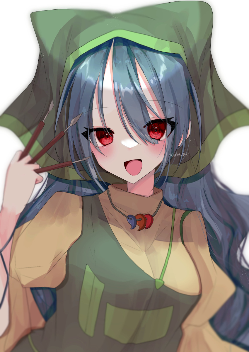 1girl absurdres alternate_eye_color apron arm_ribbon artist_name bangs belt between_fingers blue_hair blue_ribbon blush breasts brush commentary_request dress eyebrows_visible_through_hair eyes_visible_through_hair green_apron green_belt green_headwear green_scarf hair_between_eyes hand_up haniyasushin_keiki head_scarf highres jewelry long_hair looking_at_viewer magatama magatama_necklace medium_breasts necklace open_mouth pocket puffy_short_sleeves puffy_sleeves red_eyes ribbon scarf shion_343 short_sleeves simple_background smile solo tongue tools touhou upper_body white_background yellow_dress