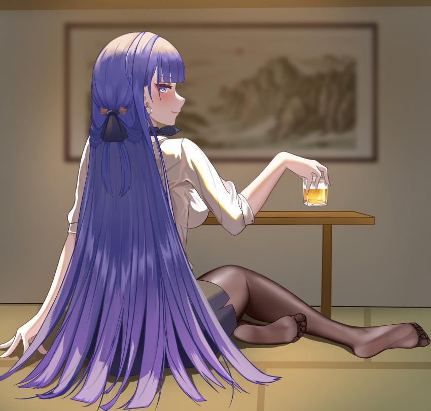 1774264015 1girl absurdres alcohol beer black_legwear black_skirt blush earrings feet full_body highres honkai_(series) honkai_impact_3rd indoors jewelry long_hair looking_at_viewer looking_back no_shoes on_floor pantyhose picture_frame raiden_mei shirt sitting skirt sleeves_past_elbows soles solo table toes white_shirt