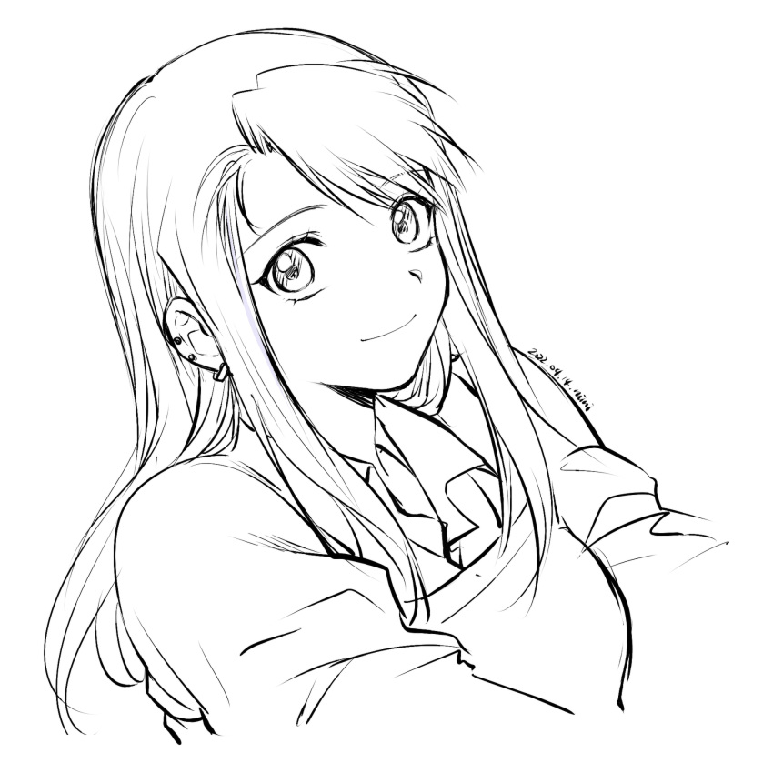 1girl 2022 asymmetrical_bangs bangs closed_mouth collared_shirt cropped_torso dated eyebrows_visible_through_hair floating_hair fullmetal_alchemist greyscale hair_between_eyes highres long_hair looking_at_viewer mini_(pixiv6327751) monochrome shirt simple_background sketch smile solo straight_hair upper_body white_background wing_collar winry_rockbell