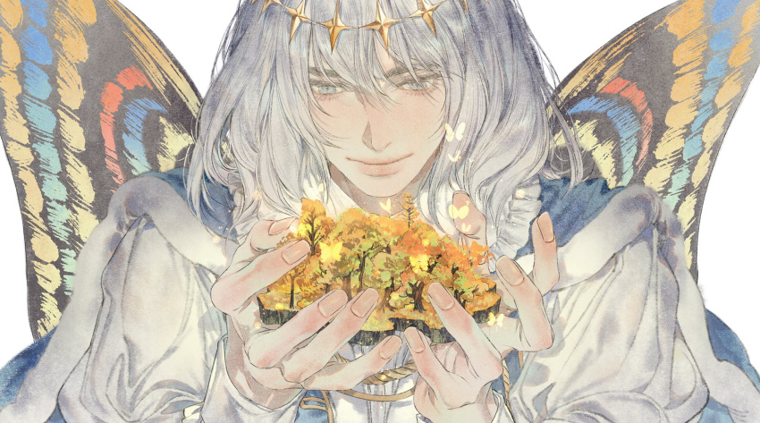 1boy arthropod_boy bangs blue_cloak blue_eyes blush bug butterfly butterfly_wings cloak commentary_request crown diamond_hairband fate/grand_order fate_(series) fur-trimmed_cloak fur_trim gold_trim grey_hair highres holding long_sleeves looking_away male_focus medium_hair oberon_(fate) pan_(iway22) puffy_sleeves simple_background smile solo tassel upper_body white_background white_fur white_hair wings