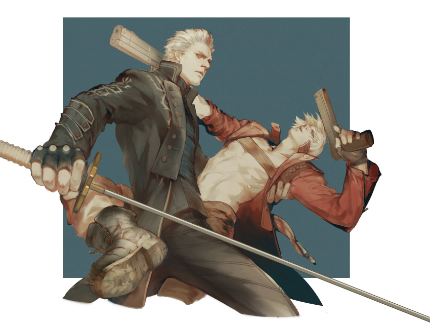 2boys absurdres bare_pectorals black_coat black_gloves black_pants black_shirt blue_vest boots closed_mouth coat dante_(devil_may_cry) devil_may_cry_(series) devil_may_cry_3 devil_may_cry_5 ebony_&amp;_ivory fingerless_gloves gloves gun highres holding holding_gun holding_sword holding_weapon long_coat looking_at_viewer male_focus multiple_boys open_clothes open_coat pants parted_lips pectorals red_coat shirt short_hair sword toned toned_male vergil_(devil_may_cry) vest vetania weapon white_hair yamato_(sword)