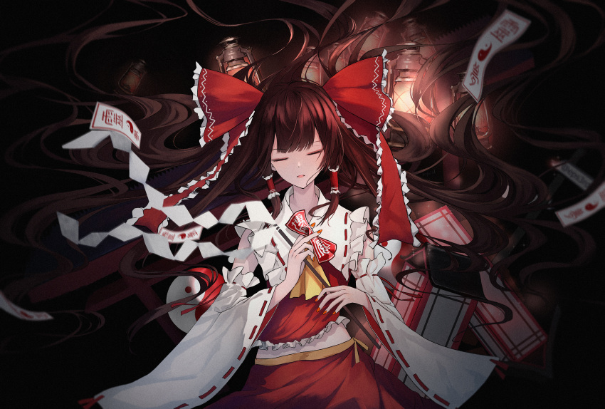 1girl ascot bangs bow closed_eyes collared_shirt commentary_request cowboy_shot detached_sleeves eps3rd eyebrows_visible_through_hair fingernails floating_hair frilled_bow frilled_hair_tubes frilled_shirt frilled_shirt_collar frills gohei hair_bow hair_tubes hakurei_reimu highres holding lantern long_hair looking_at_viewer midriff_peek nail_polish orange_eyes orange_nails orb parted_lips red_bow red_shirt red_skirt ribbon-trimmed_sleeves ribbon_trim shirt sidelocks skirt skirt_set sleeveless sleeveless_shirt solo talisman torii touhou very_long_hair white_sleeves wide_sleeves yellow_ascot yin_yang yin_yang_orb