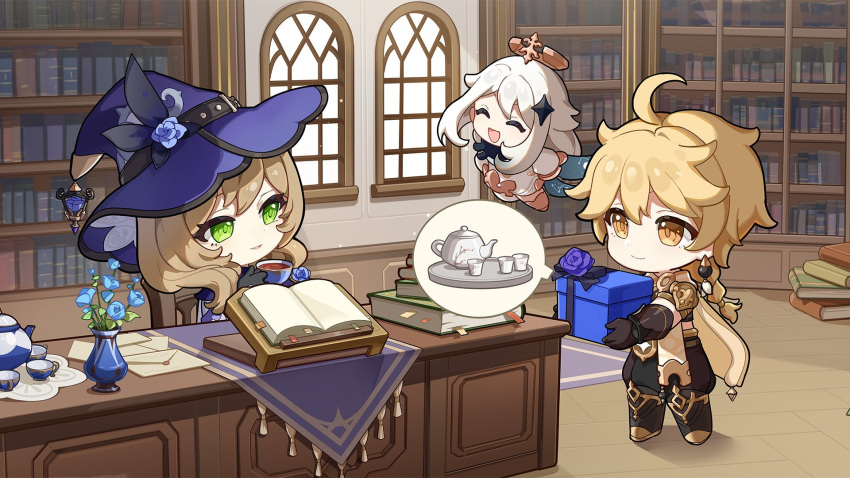 1boy 2girls aether_(genshin_impact) black_gloves blonde_hair book book_stack bookshelf braid brown_footwear brown_gloves brown_pants cup dress earrings elbow_gloves genshin_impact gift gloves green_eyes hair_ornament hat highres holding holding_cup holding_gift indoors jewelry library light_brown_hair lisa_(genshin_impact) looking_at_another low_ponytail mechanical_halo multiple_girls official_art open_book paimon_(genshin_impact) pants purple_headwear short_hair_with_long_locks single_braid single_earring teacup teapot white_hair witch_hat yellow_eyes