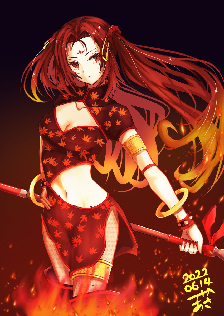 1girl absurdres armlet boots bracelet breasts brown_eyes brown_hair cleavage_cutout clothing_cutout dated facial_mark fate/grand_order fate_(series) fire fishnet_legwear fishnets forehead_mark hand_on_hip highres holding holding_polearm holding_weapon jewelry legs legs_together long_hair navel nezha_(fate) polearm side_cutout signature spear spiked_bracelet spikes thigh_boots thighlet tsukaasa twintails weapon