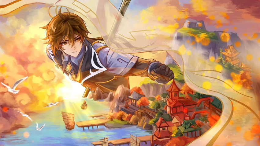 1boy armor bangs bird brown_hair clouds expressionless formal genshin_impact giant giant_male gradient_hair hair_between_eyes highres holding holding_polearm holding_weapon jewelry long_hair male_focus multicolored_hair pauldrons polearm ponytail ring ship shoulder_armor solo sunlight sunset village watercraft weapon yellow_eyes zhongli_(genshin_impact)