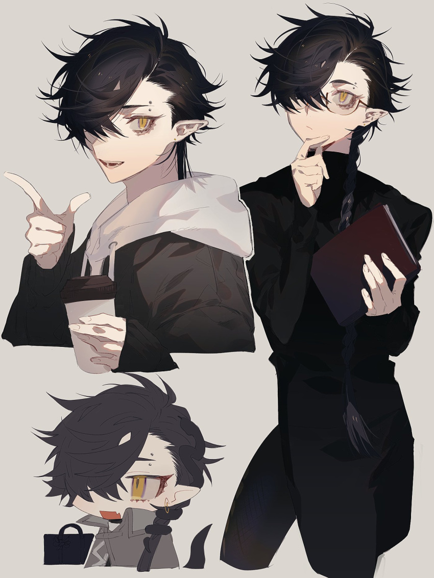 arknights black_hair black_shirt book chibi coffee coffee_cup corroserum_(arknights) cup disposable_cup ear_piercing glasses hair_over_one_eye hand_up highres jacket open_mouth piercing pointy_ears shirt slit_pupils snake_boy snake_tail t3oekkyu9 tail thinking yellow_eyes