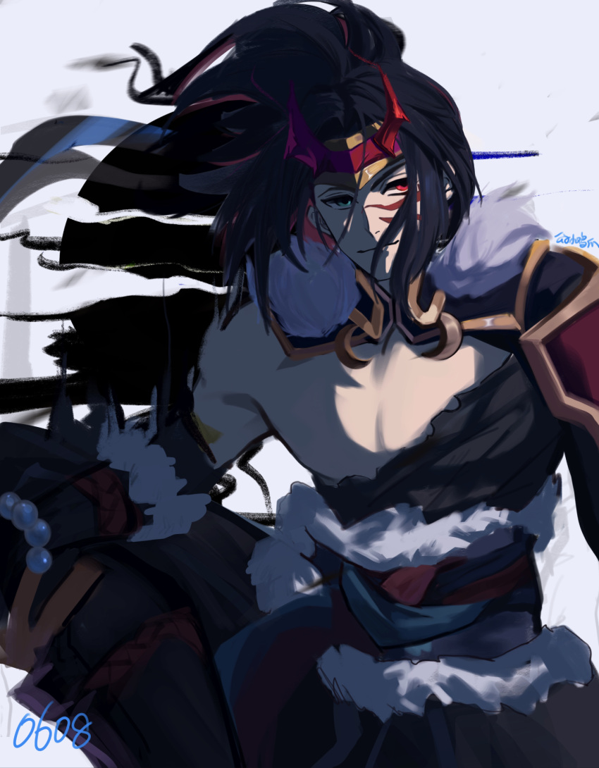 1boy abstract_background aqua_eyes bare_shoulders bead_bracelet beads black_hair bracelet circlet closed_mouth crescent facial_mark fake_horns fur_trim hair_between_eyes heterochromia highres horned_headwear horns jewelry kaedeko00 kayn_(league_of_legends) league_of_legends long_hair male_focus moon official_alternate_costume red_eyes signature single_bare_shoulder sketch smile solo torn torn_clothes