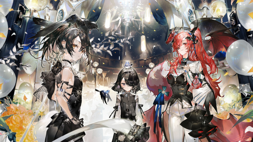 3girls absurdres alchemy_stars alternate_costume animal_on_head animal_on_shoulder arm_strap balloon bangs bird bird_on_head black_dress black_eyes black_gloves black_hair black_vest bodice breasts chandelier closed_mouth confetti crow dayna_(alchemy_stars) dragon dress earrings eyepatch flower gloves hair_over_one_eye hairband hand_in_pocket hands_on_hips hanging_light highres horns indoors jewelry leona_(alchemy_stars) long_hair long_sleeves looking_at_viewer medium_breasts multiple_girls on_head pants ponytail red_eyes redhead robyn_(alchemy_stars) shirt short_hair sleeveless sleeveless_dress small_breasts smile sunstone_(alchemy_stars) tokino_kito vest wall_lamp white_pants white_shirt yellow_eyes