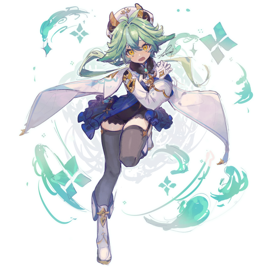 1girl animal_ears antenna_hair bangs blue_dress boots brown_legwear cape commentary_request dress eyebrows_visible_through_hair full_body fur_collar garter_straps genshin_impact gloves green_hair hair_between_eyes hat head_tilt highres interlocked_fingers leg_up long_hair long_sleeves looking_at_viewer low_ponytail nakaba_(mode) no_eyewear open_mouth own_hands_together shiny shiny_hair short_dress signature solo standing standing_on_one_leg sucrose_(genshin_impact) thigh-highs vision_(genshin_impact) white_background white_cape white_footwear white_gloves white_headwear yellow_eyes