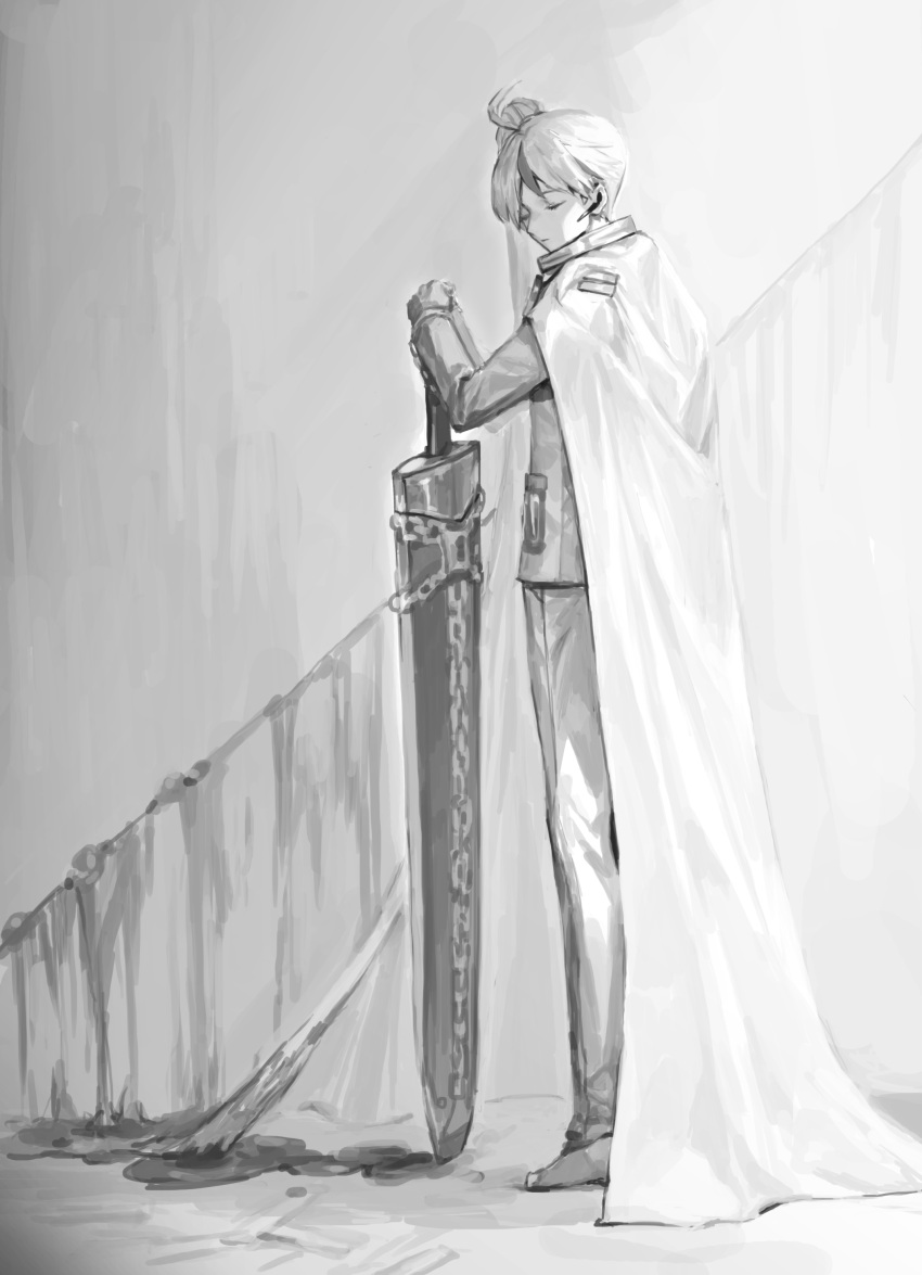 1boy absurdres blood carol0905 chain cloak closed_eyes earphones expressionless formal full_body greatsword highres holding holding_sword holding_weapon library_of_ruina microphone monochrome pool_of_blood project_moon side_ponytail solo standing suit sword weapon yan_vismok