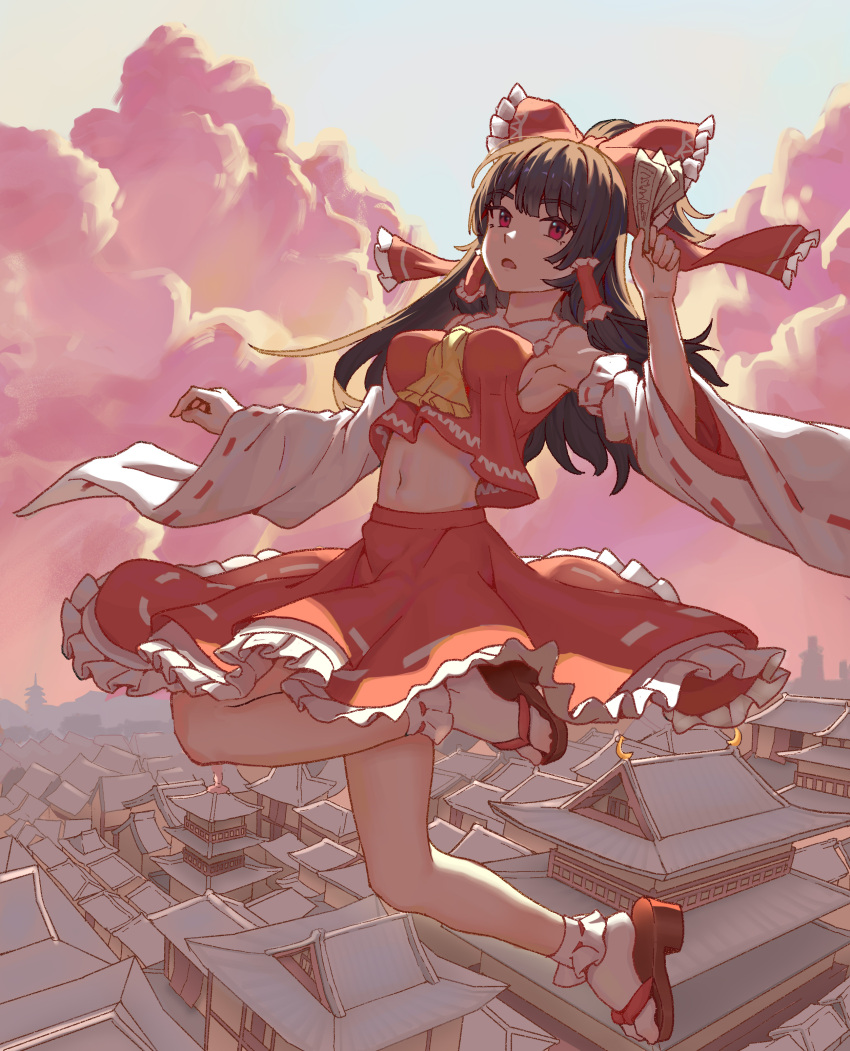 1girl absurdres ascot bangs bare_shoulders black_hair bobby_socks bow breasts brown_footwear clouds cloudy_sky collared_vest commentary_request detached_sleeves frilled_bow frilled_hair_tubes frilled_skirt frills full_body hair_bow hair_tubes hakurei_reimu highres holding long_hair long_sleeves medium_breasts midriff navel nontraditional_miko ofuda open_mouth outdoors red_bow red_eyes red_skirt red_vest ribbon-trimmed_skirt ribbon-trimmed_sleeves ribbon_trim sandals skirt sky socks solo stomach touhou vest white_legwear white_sleeves wide_sleeves yellow_ascot youpofen