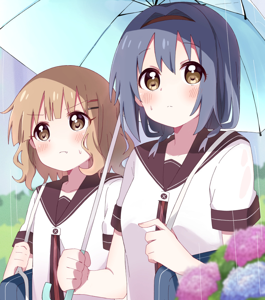 2girls absurdres bag bangs black_hairband blue_hair blue_umbrella blurry blurry_foreground blush braid brown_eyes closed_mouth collarbone commentary_request dress eyebrows_visible_through_hair fang fang_out flower furutani_himawari hair_ornament hairband hairclip highres holding holding_umbrella jacket light_brown_hair medium_hair mesushio multiple_girls nanamori_school_uniform oomuro_sakurako outdoors pleated_dress red_dress sailor_collar sailor_dress school_bag school_uniform short_sleeves sweatdrop twin_braids umbrella upper_body white_jacket yuru_yuri