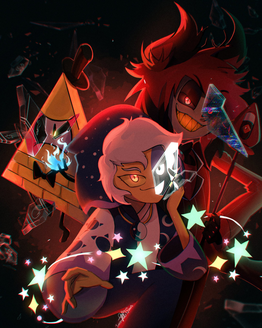 1other 3boys absurdres alastor_(hazbin_hotel) artsincroyable bill_cipher blue_fire bow bow_panties crossover fire formal glass_shards gravity_falls hat hazbin_hotel highres horns jewelry long_sleeves multiple_boys necklace one-eyed pajamas panties red_eyes redhead sharp_teeth smile star_(symbol) static suit teeth the_collector_(the_owl_house) the_owl_house top_hat triangle underwear white_hair