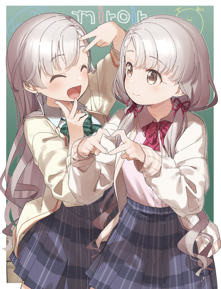 2girls :d ^_^ absurdres arm_up bangs blue_skirt blush bow braid braided_bangs brown_eyes brown_jacket closed_eyes closed_mouth collared_shirt commentary_request double_v dress_shirt eyebrows_visible_through_hair facing_another green_bow hair_over_shoulder hair_ribbon heart heart_hands highres hisakawa_hayate hisakawa_nagi idolmaster idolmaster_cinderella_girls jacket long_hair looking_at_another low_twintails multiple_girls parted_bangs pink_shirt plaid plaid_bow plaid_skirt pleated_skirt red_bow red_ribbon ribbon school_uniform shirt siblings sisters skirt smile twins twintails v very_long_hair white_jacket white_shirt yukie_(kusaka_shi)