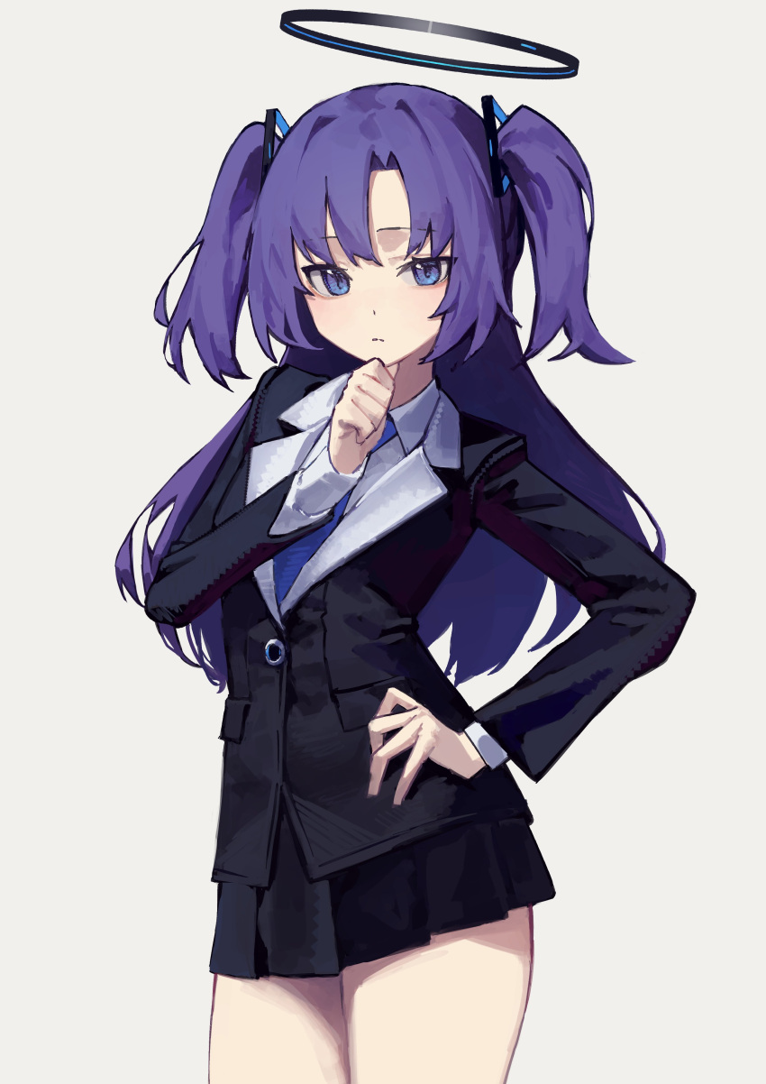 1girl :i absurdres blue_archive blue_necktie halo hand_on_hip hand_on_own_chin highres long_hair miniskirt necktie no_jacket purple_hair school_uniform short_twintails simple_background skirt solo thighs twintails yoon_cook yuuka_(blue_archive)