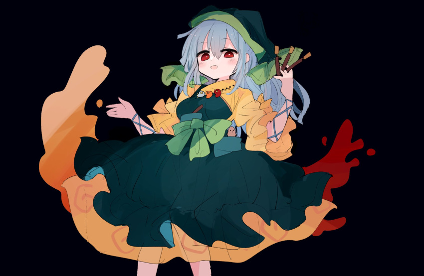 1girl 76gpo :d apron bangs between_fingers black_footwear blue_eyes bow dress eyebrows_visible_through_hair green_apron green_bow haniwa_(statue) haniyasushin_keiki head_scarf highres looking_at_viewer magatama magatama_necklace open_mouth red_eyes simple_background smile solo standing touhou wood_carving_tool yellow_dress
