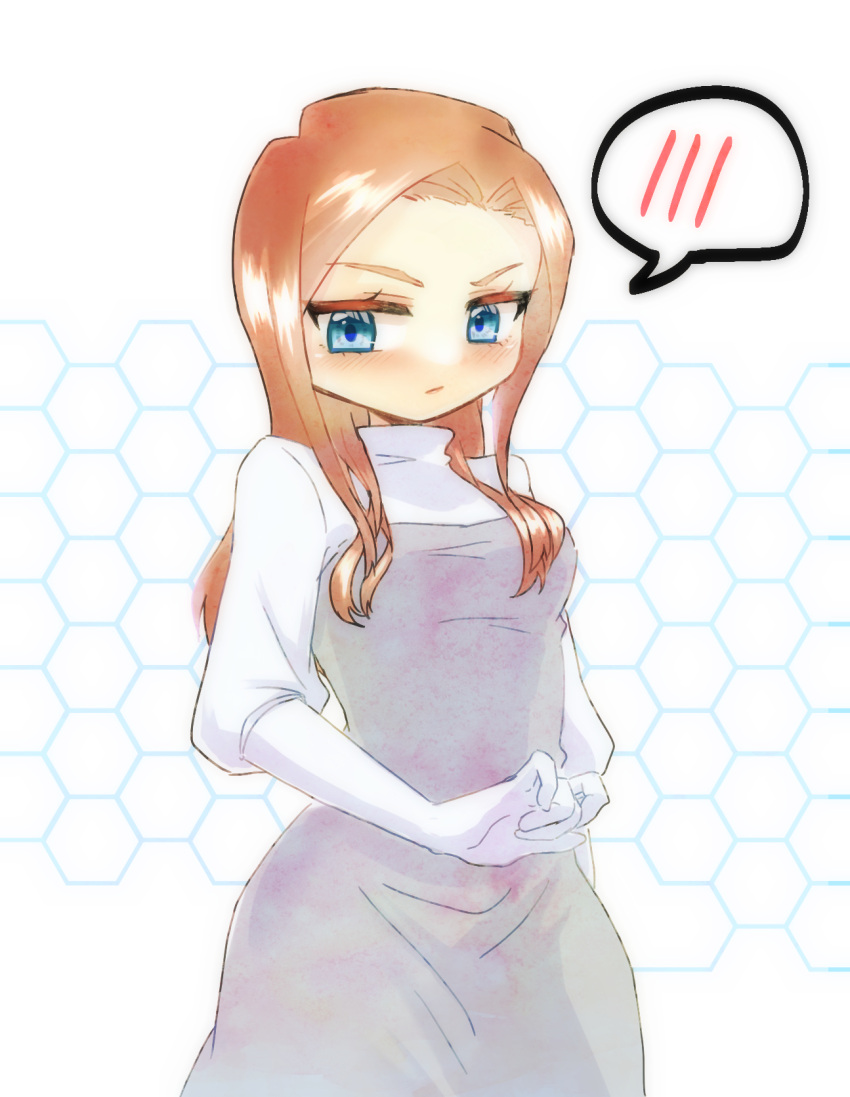 1girl animification apex_legends ashleigh_reid blue_eyes blush breasts brown_hair commentary_request dress gloves grey_dress highres long_hair looking_down medium_breasts sacchan_(sacchan_18) solo speech_bubble v-shaped_eyebrows white_gloves