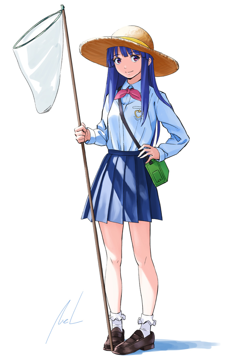 bag bangs blue_hair blue_skirt blunt_bangs bow bowtie brown_footwear butterfly_net closed_mouth collared_shirt full_body furude_rika hand_net hand_on_hip handbag hat highres higurashi_no_naku_koro_ni hime_cut holding holding_butterfly_net loafers long_hair mac_naut pink_bow pink_bowtie shirt shoes sidelocks simple_background skirt smile socks standing sun_hat violet_eyes white_background white_legwear white_shirt