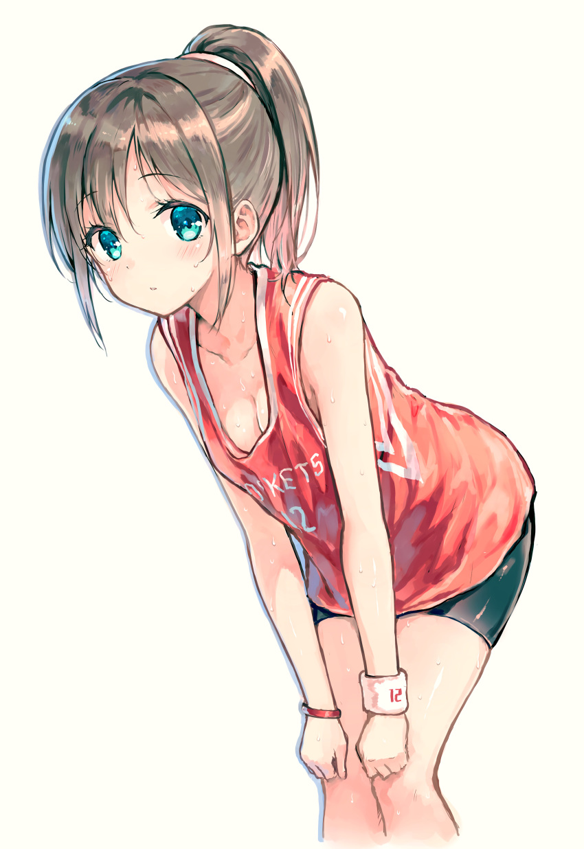 1girl aqua_eyes armband bangs bare_shoulders basketball_uniform bike_shorts blue_eyes blush bracelet breasts brown_hair character_request cleavage clenched_hands clothes_writing colored_eyelashes copyright_request cowboy_shot english from_side grey_hair hands_on_knees hands_on_own_knees high_ponytail highres hiten_goane_ryu houston_rockets jersey jewelry leaning_forward long_hair looking_at_viewer national_basketball_association number parted_bangs parted_lips ponytail scrunchie short_ponytail shorts sidelocks simple_background sleeveless small_breasts solo sportswear standing sweat sweatband sweating sweating_profusely wet white_background