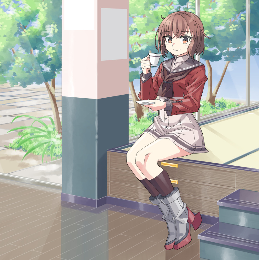 1girl boots breasts brown_eyes brown_hair brown_legwear brown_neckerchief cup dress grey_sailor_collar highres holding holding_cup holding_plate kantai_collection kneehighs long_sleeves ndkazh neckerchief plate red_shirt rudder_footwear sailor_collar sailor_dress sailor_shirt shirt short_hair sitting small_breasts smile solo tan_yang_(kancolle) white_dress yukikaze_(kancolle)