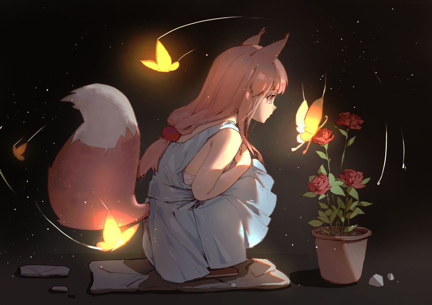 1girl absurdres animal_ears bangs bare_shoulders black_background blue_dress bra bug butterfly commentary_request dress flower fox_ears fox_girl fox_tail from_side full_body glowing_butterfly highres long_hair low-tied_long_hair ningmeng_chamao original plant potted_plant red_flower red_rose red_tail redhead rose sidelocks solo squatting tail tail_through_clothes underwear watching white_bra