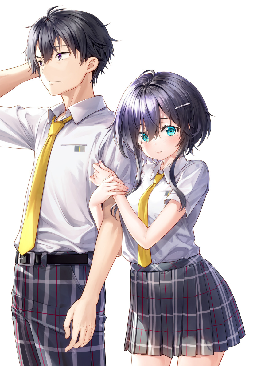 1boy 1girl absurdres aqua_eyes arm_behind_head arm_hug arm_up bangs belt belt_buckle black_belt black_hair black_pants black_skirt blush breasts buckle closed_mouth collared_shirt copyright_request cowboy_shot eyebrows_visible_through_hair fujima_takuya hair_between_eyes hair_ornament hairclip highres looking_at_viewer medium_breasts miniskirt necktie novel_illustration official_art pants plaid plaid_pants plaid_skirt pleated_skirt school_uniform second-party_source shiny shiny_hair shirt shirt_tucked_in short_hair_with_long_locks short_sleeves sidelocks simple_background skirt smile violet_eyes white_background white_shirt yellow_necktie