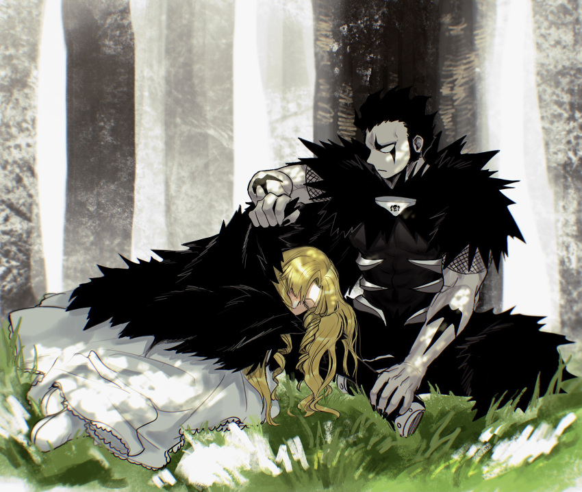 1boy 1girl arm_tattoo armor bangs black_cape black_hair black_nails black_pants blank_eyes blonde_hair boots brago_(konjiki_no_gash!!) cape cape_hold closed_eyes colored_skin covering_with_blanket dappled_sunlight dress drill_hair facial_mark fishnets forest fur_trim gorget grass grey_skin highres konjiki_no_gash!! lap_pillow long_hair lying muscular muscular_male nature on_ground on_side outdoors ozaki_(tsukiko3) pants shared_cape shared_clothes sherry_belmont short_hair side_drill sideburns sitting sleeping spikes spiky_hair sunlight tattoo twin_drills under_covers white_dress white_footwear