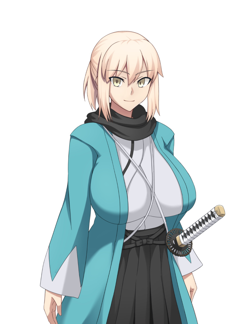 1girl alternate_breast_size bangs black_scarf black_skirt blonde_hair breasts eyebrows_visible_through_hair fate/grand_order fate_(series) hakama hakama_skirt highres japanese_clothes kakikorori katana kimono large_breasts looking_at_viewer okita_souji_(fate) ponytail scarf sheath sheathed short_hair sidelocks simple_background skirt smile solo sword weapon white_background wide_sleeves yellow_eyes