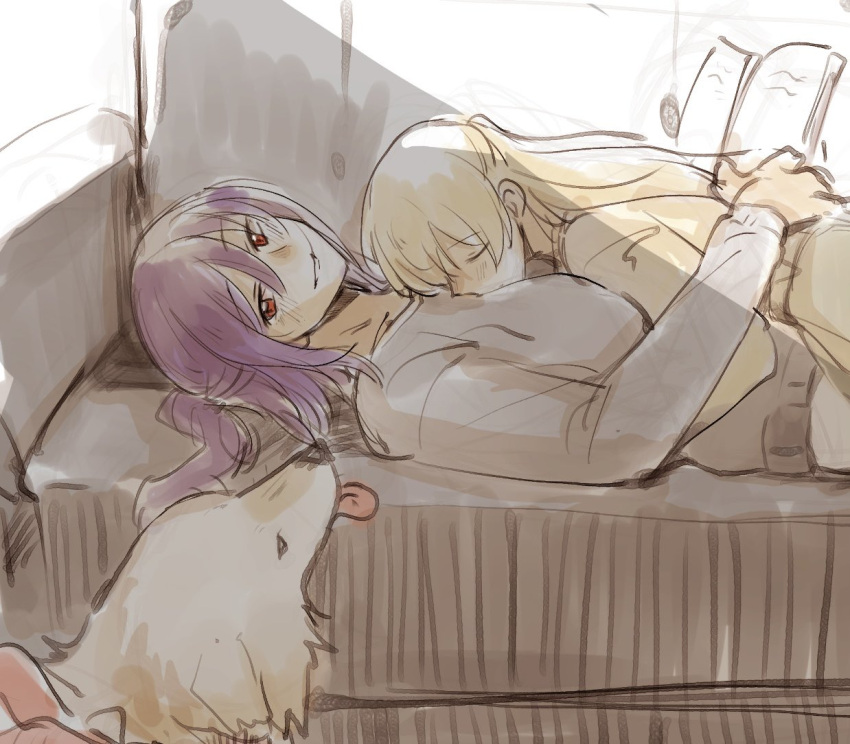 2girls bang_dream! blonde_hair book closed_eyes couch dog half_updo holding holding_book jingo_kajiki long_hair lying lying_on_person multiple_girls on_back ponytail purple_hair red_eyes seta_kaoru shirasagi_chisato sketch smile upper_body yuri