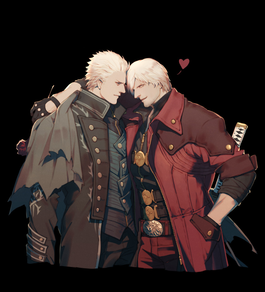 2boys absurdres belt black_belt black_coat black_gloves black_pants black_shirt blue_vest brothers closed_mouth coat dante_(devil_may_cry) devil_may_cry_(series) flower gloves heart high_collar highres holding long_coat looking_at_another looking_at_viewer male_focus multiple_boys open_clothes open_coat pants red_coat red_flower red_pants red_rose rose shirt short_hair siblings sword vergil_(devil_may_cry) vest vetania weapon weapon_on_back white_hair