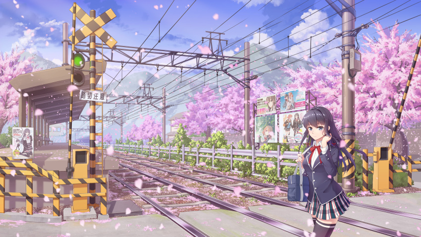 1girl absurdres ad bag bangs black_hair black_jacket black_legwear blazer blue_eyes blue_sky bread_fqy cherry_blossoms closed_mouth clouds collared_shirt commentary_request eyebrows_visible_through_hair flower hair_ribbon highres hikigaya_hachiman holding holding_bag isshiki_iroha jacket long_hair looking_at_viewer neck_ribbon outdoors plaid plaid_skirt pleated_skirt power_lines railroad_crossing railroad_tracks red_ribbon ribbon road scenery school_bag school_uniform shirt sidelocks skirt sky smile sobu_high_school_uniform solo street thigh-highs train_station tree utility_pole white_shirt yahari_ore_no_seishun_lovecome_wa_machigatteiru. yuigahama_yui yukinoshita_yukino