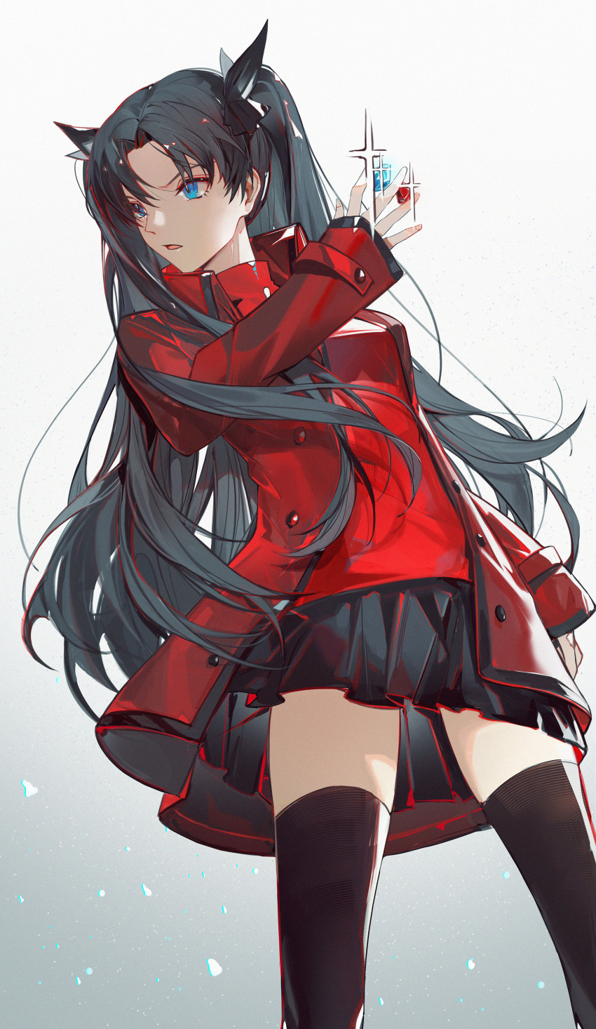1girl absurdres between_fingers black_hair black_legwear black_skirt blue_eyes buttons chinese_commentary collared_jacket commentary_request fate/stay_night fate_(series) feet_out_of_frame from_below gradient gradient_background grey_background hair_ribbon hand_up high_collar highres jacket kk7_000 long_hair open_mouth red_jacket red_shirt ribbon shirt skirt solo sparkle standing thigh-highs tohsaka_rin twintails v-shaped_eyebrows