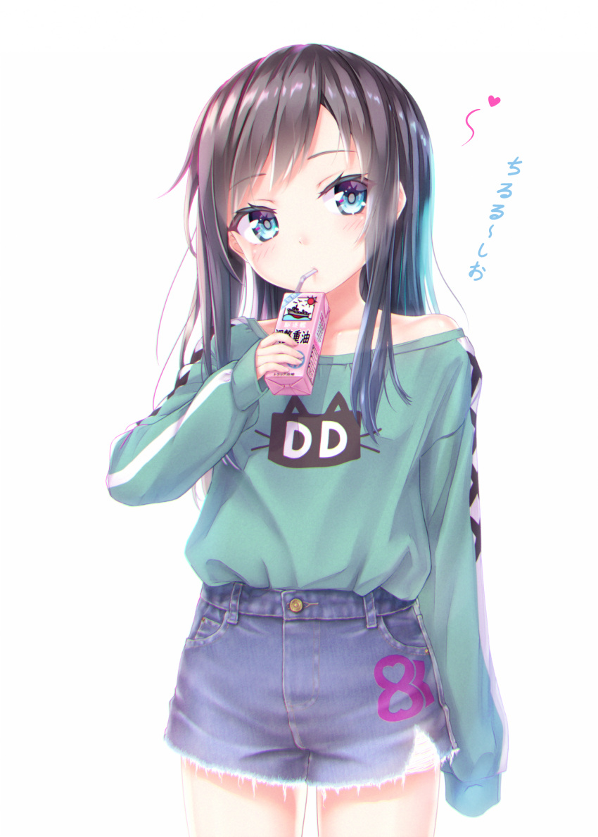 1girl alternate_costume asashio_(kancolle) black_hair blue_eyes cowboy_shot denim denim_shorts drinking gotou_hisashi heart highres juice_box kantai_collection long_hair oversized_clothes oversized_shirt shirt shorts simple_background sleeves_past_fingers sleeves_past_wrists solo sweater thighs translation_request white_background