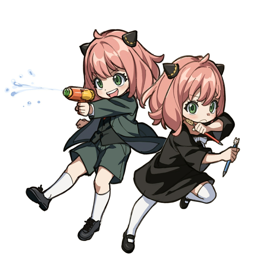 &gt;:) 2girls anya_(spy_x_family) bangs black_dress black_footwear bow bowtie chibi child chinese_commentary commentary_request cosplay dress dual_persona female_child full_body green_eyes green_jacket green_shorts hairpods highres holding holding_pencil holding_water_gun jacket kneehighs leg_up long_sleeves mary_janes multiple_girls open_mouth pencil pink_hair shoes short_hair shorts simple_background smile spy_x_family twilight_(spy_x_family) twilight_(spy_x_family)_(cosplay) v-shaped_eyebrows water_gun white_background white_bow white_bowtie white_legwear wuliu_heihuo yor_briar yor_briar_(cosplay)