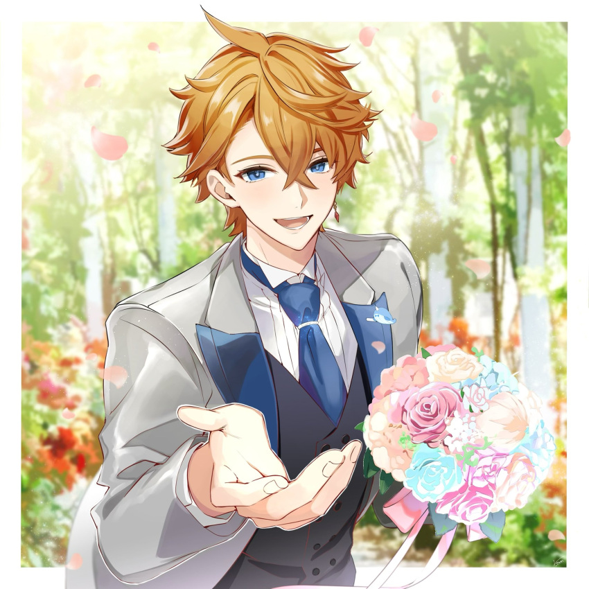 1boy bangs beckoning black_best blue_eyes blue_necktie blush bouquet formal genshin_impact grey_suit hair_between_eyes highres holding holding_bouquet leaning_forward long_hair male_focus mmmgnsn necktie orange_hair outstretched_hand reaching_out solo suit tartaglia_(genshin_impact) upper_body