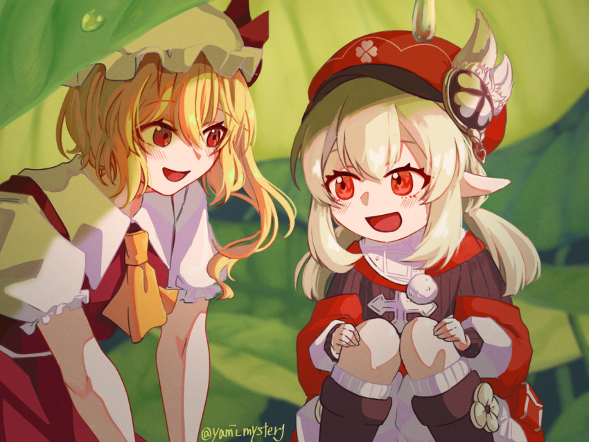 2girls :d ahoge arm_support ascot bangs bent_over blonde_hair bloomers blurry boots brown_footwear brown_scarf cabbie_hat clover_print coat commentary_request crossover depth_of_field eyebrows_visible_through_hair flandre_scarlet genshin_impact hair_between_eyes hat hat_feather hat_ornament highres klee_(genshin_impact) knee_boots kneehighs knees_together_feet_apart leaf_umbrella light_brown_hair long_hair long_sleeves looking_at_another low_twintails multiple_girls pocket pointy_ears puffy_short_sleeves puffy_sleeves red_coat red_eyes red_headwear scarf short_sleeves side_ponytail sidelocks smile squatting touhou twintails twitter_username underwear wings yami_mystery