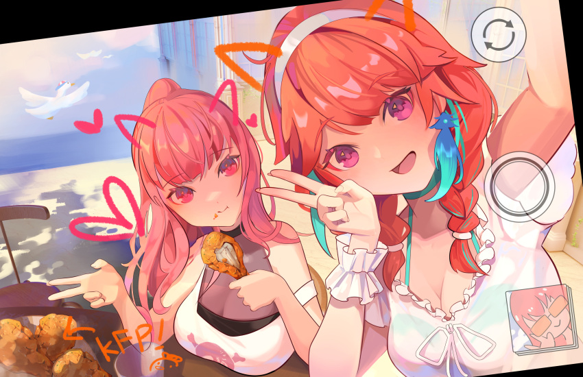 2girls bangs blouse blush breasts camera cellphone choker crop_top earrings eyebrows_visible_through_hair feather_earrings feathers gradient_hair highres holding holding_phone hololive hololive_english jewelry kfp looking_at_viewer meiyan_(boyimachao) mori_calliope multicolored_hair multiple_girls official_alternate_costume orange_hair phone pink_hair red_eyes selfie shirt smartphone smile takanashi_kiara taking_picture v violet_eyes virtual_youtuber yuri
