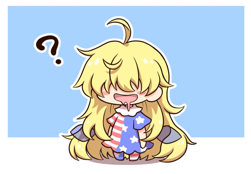 1girl ? ahoge american_flag_dress american_flag_pants bangs blonde_hair blue_background blush blush_stickers border chibi clownpiece covered_eyes dress drooling fairy_wings full_body hair_between_eyes highres long_hair messy_hair neck_ruff no_hat no_headwear no_shoes open_mouth outside_border pants shadow shitacemayo short_sleeves simple_background smile solo star_(symbol) star_print striped striped_dress striped_pants touhou very_long_hair white_border wings