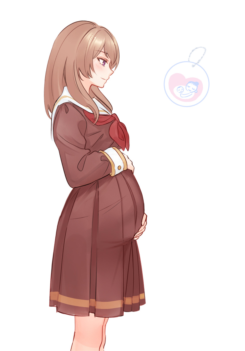 1girl artist_request brown_eyes brown_hair pregnant school_uniform skirt smile solo tagme white_background
